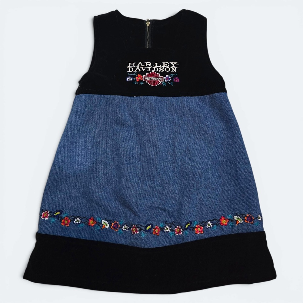 Harley Davidson Denim Velvet Jumper Dress Floral Embroidered Girls Size 5